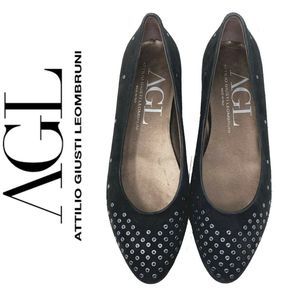 AGL Sz 39 Grommet Flats Black Suede Leather Shoes
